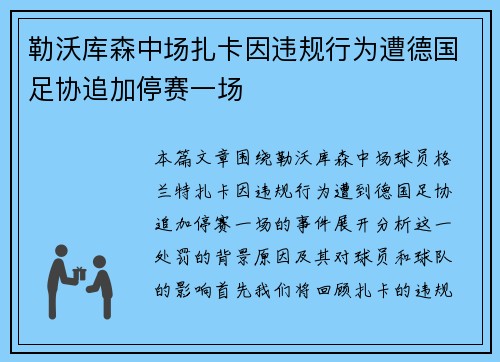 勒沃库森中场扎卡因违规行为遭德国足协追加停赛一场