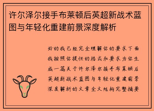 许尔泽尔接手布莱顿后英超新战术蓝图与年轻化重建前景深度解析