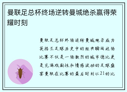 曼联足总杯终场逆转曼城绝杀赢得荣耀时刻