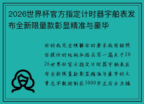 2026世界杯官方指定计时器宇舶表发布全新限量款彰显精准与豪华
